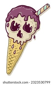 Illustration in cartoon style of ice cream cone with skull face. Vector stylized artwork. Design for printing on t-shirts, stickers, decoration and other purposes.