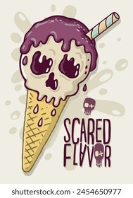 Illustration in cartoon style of ice cream cone with skull face. Vector stylized artwork. Design for printing on t-shirts, stickers, decoration and other purposes.