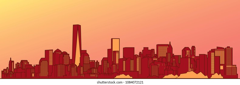 Illustration in a cartoon style. Panorama, landscape of the city of New York