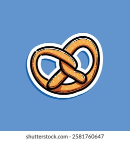 Illustration of a cartoon style pretzel with a salted appearance, isolated on a plain blue background. The design emphasizes a playful and simple style with vibrant colors and bold lines.