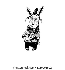 Illustration of a cartoon style rabbit wearing hat with a jar in his hand.