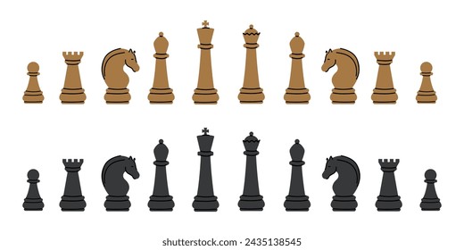 An illustration of a cartoon style set of wooden chess figures. Board game pieces. Isolated on white.