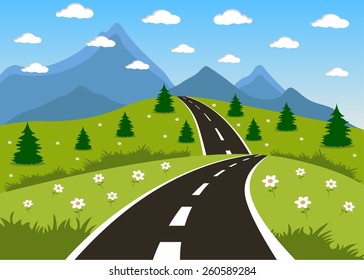 Illustration of a cartoon summer or spring road to mountains landscape