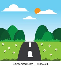 Illustration of a cartoon summer or spring road to mountains landscape
