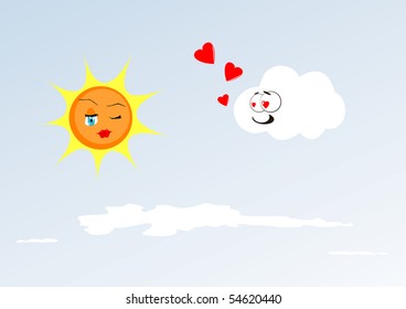 Illustration of cartoon sun and cloud in love.