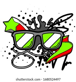 Illustration with cartoon sunglasses. Urban colorful teenage creative image. Fashion symbol in modern comic style.