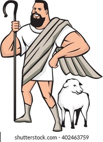 Illustration of a cartoon superhero shepherd holding shepherd's crook and a sheep standing beside looking to the side set on isolated white background done in cartoon style. 