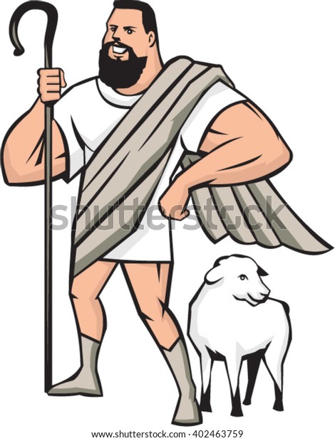 Illustration of a\
cartoon superhero shepherd holding shepherd\'s crook and a sheep\
standing beside looking to the side set on isolated white\
background done in cartoon style.\

