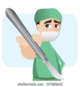 illustration of cartoon surgeon with scalpel in healthcare concept