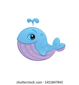 illustration of a cartoon sweet blue whale vector icon of a gray blue humpback whale, scuba mammal with fins tail big eyes smile, mascot eps 10 isolated funny character print for t-shirt