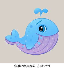 illustration of a cartoon sweet blue whale vector icon of a gray blue humpback whale, scuba mammal with fins tail big eyes smile, mascot eps 10 isolated funny character 
