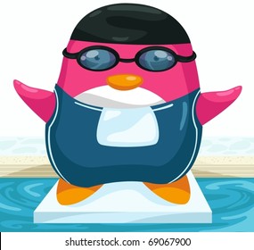 illustration of cartoon swimmer penguin on diving board