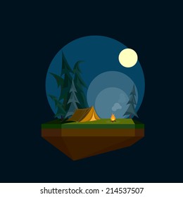 Illustration of a cartoon tent in flat polygonal style and flying island
