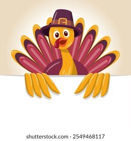 An illustration of cartoon Thanksgiving Turkey Bird Mascot Character Holding A Blank Sign