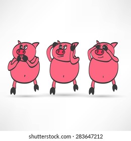 illustration of cartoon Three pigs - see, hear, speak no evil