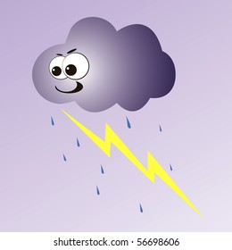 Illustration of cartoon thunderstorm cloud with lightning and rain.