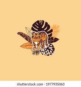 illustration with cartoon tiger and tropical leaves, vector design for paper, fabric and other surface