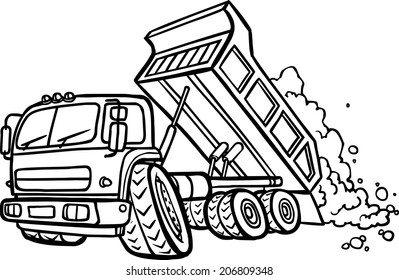 Illustration of a Cartoon tipper truck at work. Border