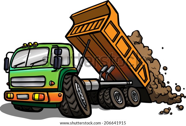 Illustration\
of a Cartoon tipper truck at work.\
Isolated
