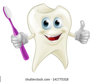 An illustration of a cartoon tooth man character mascot holding a toothbrush