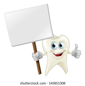 An illustration of a cartoon tooth man character mascot holding a sign