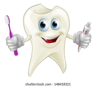 An illustration of a cartoon tooth man character mascot holding a toothbrush and tube of toothpaste