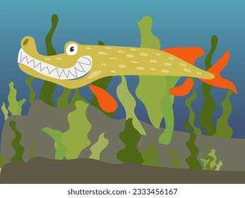 Illustration of a cartoon toothy pike fish under water. Underwater world with a funny pike. Fish in their usual habitat. Children's illustration, printing for children's books