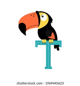 An illustration of a cartoon toucan bird sitting on a capital letter T. Children alphabet. Isolated on white.