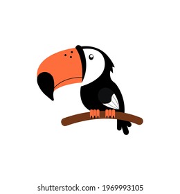 An illustration of a cartoon toucan bird sitting on a branch. Isolated on white.