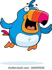 An illustration of a cartoon toucan flying and smiling.