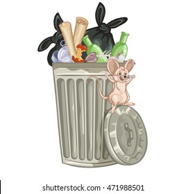 Illustration of a cartoon trash can.Happy rat playing near trash can