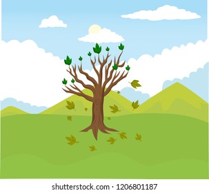 Illustration of cartoon tree abort leaves with mountain background
