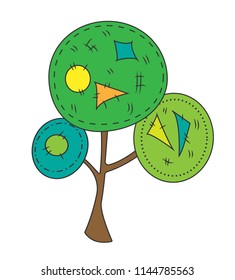 Illustration of a cartoon tree with patches and stripes.. Vector illustration of a tree, plant. Print for textiles.