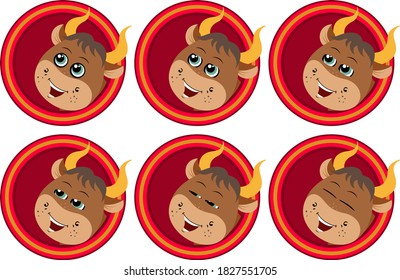 Illustration of cartoon trotting of ox open and close eyes . Can be used for GIF animation
