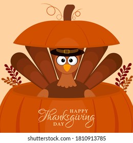 Illustration of Cartoon Turkey Bird Inside Pumpkin with Leaves on Light Orange Background for Happy Thanksgiving Day.