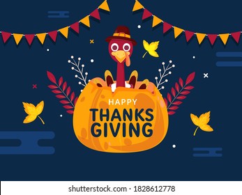 Illustration of Cartoon Turkey Bird Inside Pumpkin with Autumn Leaves and Bunting Flags on Blue Background for Happy Thanksgiving Day.