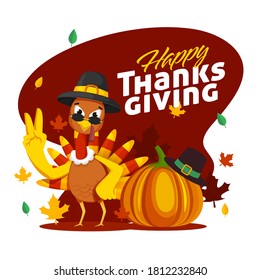 Illustration of Cartoon Turkey Bird with Pilgrim Hat, Pumpkin and Autumn Leaves on Dark Red and White Background for Happy Thanksgiving Celebration.