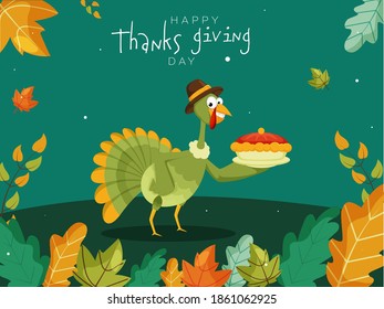 Illustration of Cartoon Turkey Bird Presenting Pie Cake and Autumn Leaves Decorated on Green Background for Happy Thanksgiving Day.