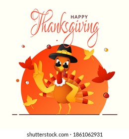 Illustration of Cartoon Turkey Bird Wearing Pilgrim Hat with Goggles in Rocking Pose and Autumn Leaves on Orange and White Background for Happy Thanksgiving Day.