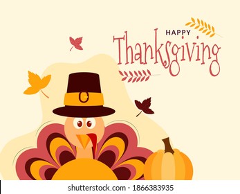 Illustration of Cartoon Turkey Bird Wearing Pilgrim Hat with a Pumpkin and Leaves on White Background for Happy Thanksgiving Day.