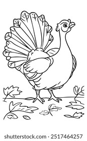 An illustration of a cartoon turkey with detailed feathers, perfect for children's coloring activities and educational purposes