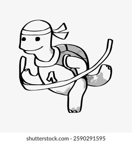 Illustration of a cartoon turtle wearing a headband and jersey, jumping rope. The turtle appears cheerful and energetic, showcasing fitness and fun. Doodle illustration vector.