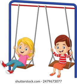 Illustration of cartoon two girls swinging