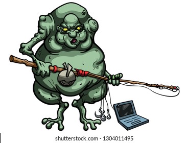 Illustration cartoon ugly troll fisherman with a fishing rod and a laptop on the hook