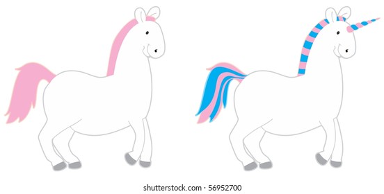 Illustration of a cartoon unicorn and a horse