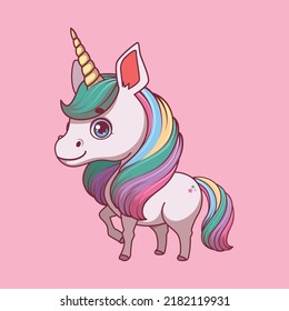 Illustration of a cartoon unicorn on colorful background