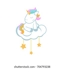Illustration with cartoon unicorn sitting on the cloud.
