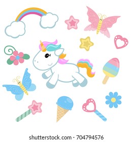 Illustration with cartoon unicorn sitting on the cloud.