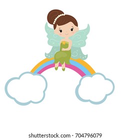 Illustration with cartoon unicorn sitting on the cloud.