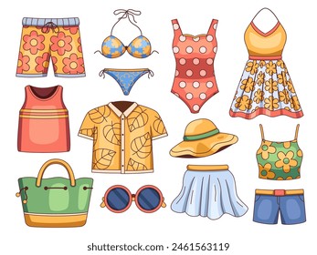 Illustration cartoon of a variety of men's and women's summer fashion clothes and accessories, including shorts, bikinis, undershirts, swimsuits, summer dresses, sunglasses, etc.